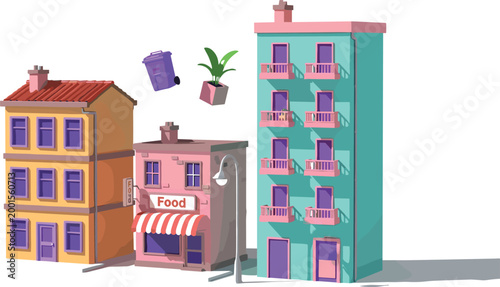 Colorful urban buildings vector illustration featuring apartment house and small food shop with floating objects in creative city design style