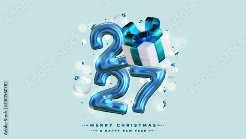 Happy New Year 2027, Realistic 3D rendering of the figures, complemented by shiny blue gift box ribbons and Christmas decorations. This is the perfect celebratory sign for your 2027 celebrations.