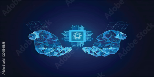 Two Digital Hands Holding AI chip with nuclear atom icon with circuit. Blue Low Poly Wireframe Illustration on Dark Blue Background. Science and Technology Innovation Concept.