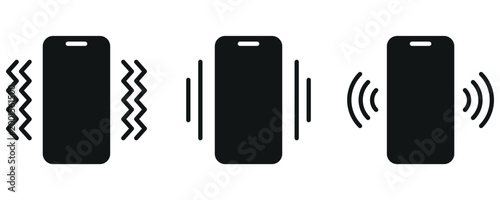 Black smartphone icons illustrating mobile notification types vibration sound wireless connection signals graphic