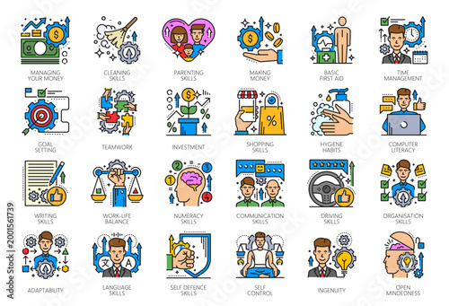 Life skills line icons of personal success or achievement of self training, vector pictograms. Life skills color icons of human habits in work and balance organization, money making or time management