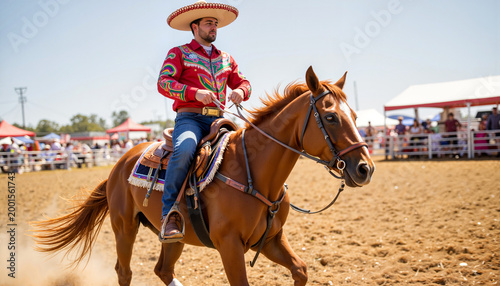 Dynamic horseman performing in charro attire at festival, cultural celebration