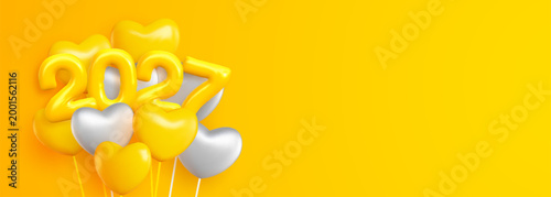Happy New Year 2027 with realistic yellow and white balloons. This backdrop includes the 2027 number symbol in a shiny yellow look and hanging helium balloons.