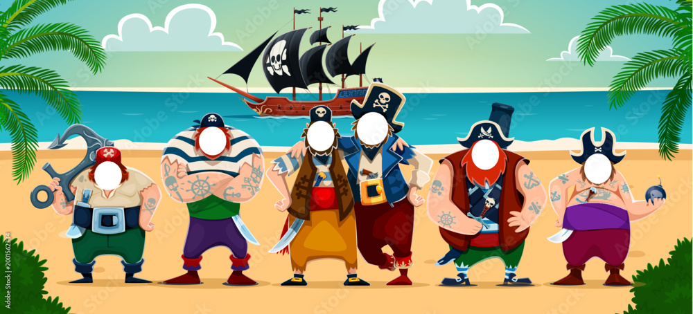 Fototapeta premium Pirate photobooth cutout face hole, photo booth frame. Cartoon corsair characters on tropical beach with ship in sea. Vector sailors with empty faces for photo insertion, party and kids event template