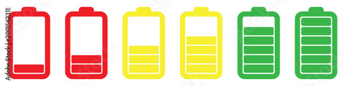 Colourful battery charge level indicator icons set displaying various power status from empty to full green