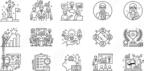Business leadership corporate success line icons set featuring team achievement, strategic planning, financial growth, professional development, and marketing management symbols presentations.