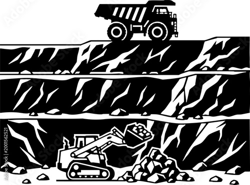 Mining site illustration with dump truck and excavator machinery