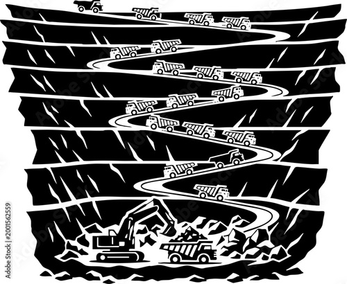 Open Pit Mining Quarry Illustration with Excavator and Trucks