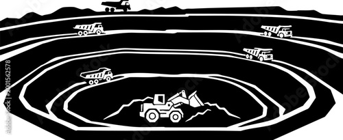Vector illustration of an open pit mine with heavy machinery