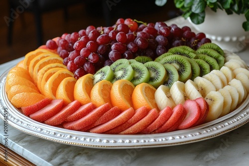 Sliced fruit platter: strawberries, oranges, kiwi, bananas, grapes. A delicious and healthy treat, perfect for events or parties.