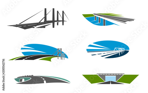 Bridge icon vector set, modern road and highway structures with spans, supports and dynamic lines symbolizing transport, infrastructure, connection, engineering, travel routes and urban architecture