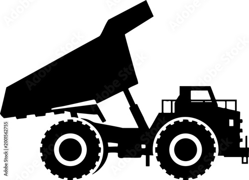 Silhouette of a heavy-duty mining dump truck with raised tipper