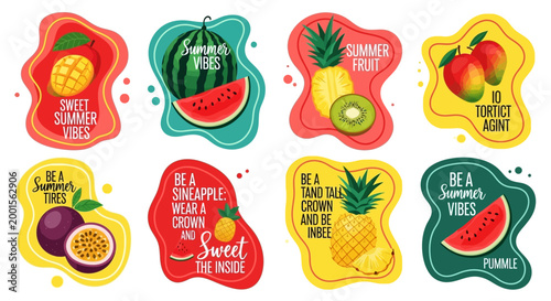 Collection of vibrant summer fruit labels with playful quotes, featuring mangoes, watermelons, pineapples, kiwis, and passion fruits on colorful backgrounds.