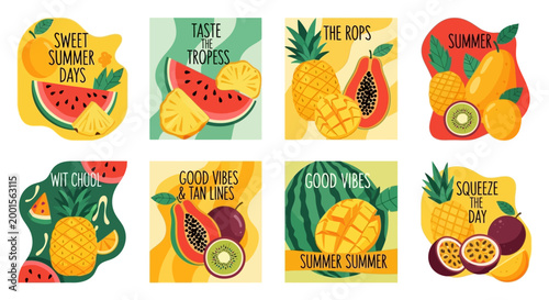 A collection of eight vibrant graphic illustrations featuring various tropical fruits like watermelon, pineapple, mango, and papaya, with summer-themed text.