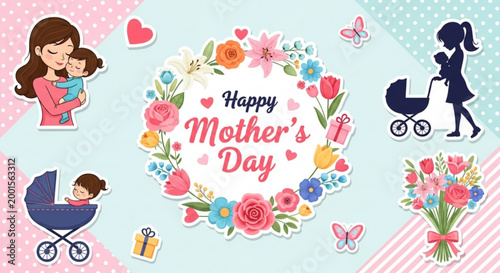 Mother's Day Joy: A delightful illustration celebrating Mother's Day, featuring a mother embracing her child amidst a vibrant floral wreath and other heartwarming elements.