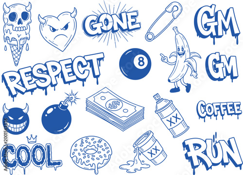 A collection of blue and white graffiti-style illustrations and words including respect cool and gone with various symbols like a skull and banana