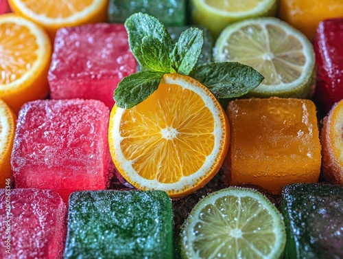 Colorful marmalade candies with citrus fruits, close up shot. Use this image to show sweet food and confectionery products.