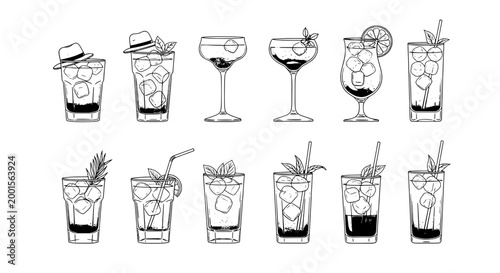 Cocktail drink icons hand drawn with straws, fruit garnish, and foam bubbles for menu and bar design