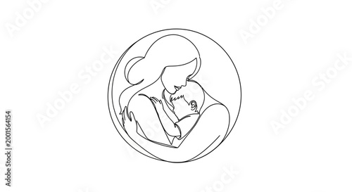 Mother and Baby Embrace Circle Line Art