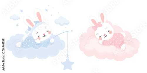 Two white rabbits sleeping on blue and pink clouds with fishing rod and stars on white background