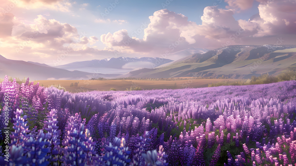 Fototapeta premium serene purple lupine field landscape with mountains