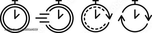 Timer icon set. Alarm clock symbol. Watch countdown vector illustration. Stopwatch sign. Hours, minutes and seconds concept. Simple express pictogram outline collection.