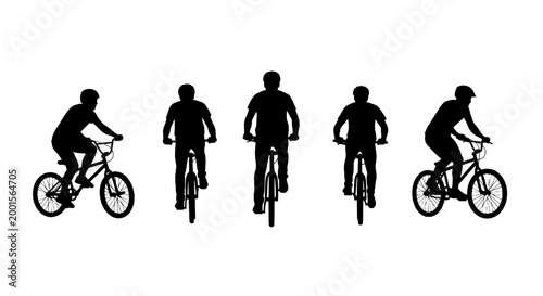 Bikers riding mountain bikes with different riding postures and styles featuring cycling, silhouette, black with white and outdoor elements for