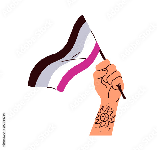 Hand holding asexual ace striped flag for International Asexuality Day, IAD. LGBTQ support, LGBT sexuality rights activist, arm raised up. Flat vector illustration isolated on white background