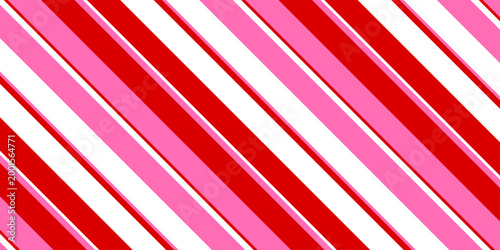 A seamless pattern of red and white stripes with pink accents, resembling candy canes. Ideal for festive wrapping paper, seasonal decorations, and textile design. Perfect for Christmas-themed projects