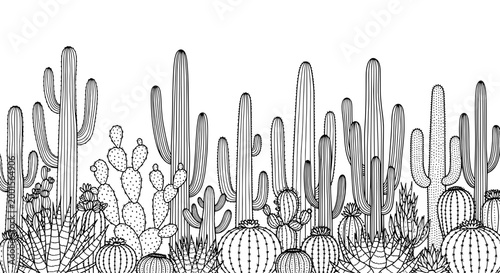 Cactus desert line art landscape with prickle textures, round prickly pears, and tall saguaro silhouettes in black ink