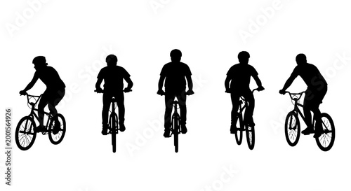 Cyclist silhouette icon set for urban commuting, bicycle riders vector badges for adventure and safety branding