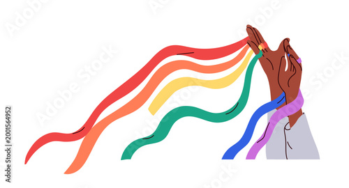 Hands with rainbow flag colored ribbons, stripes flowing for LGBTQ pride month. LGBT rights and homosexual love freedom movement support. Flat vector illustration isolated on white background