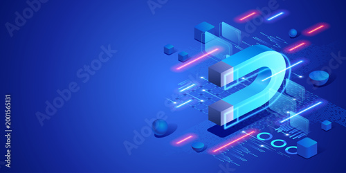 Business profit growth concept with magnet attracting financial results and digital data environment. Futuristic isometric neon illustration revenue increase, investment strategy and technology.