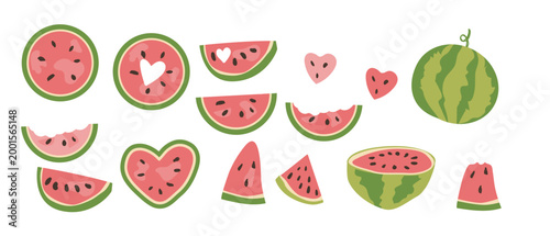 Setof watermelon in a cartoon flat style. Whole, sliced, and heart-shaped pieces of melon collection.