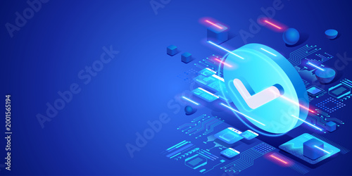 Business agreement and confirmed deal concept with digital check mark in technology environment. Futuristic neon isometric illustration successful transaction, approval and partnership.