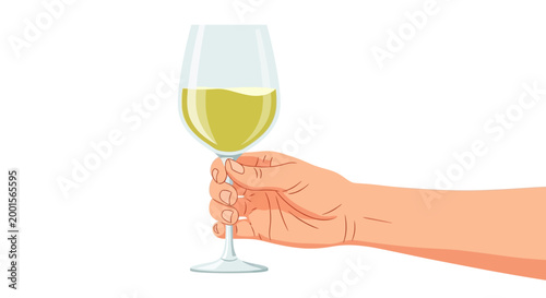 Wine glass, hand holding wineglass, yellow wine, vector illustration, drinking concept