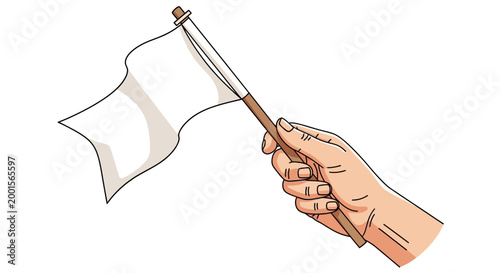Hand holding white flag, protest symbol, vector illustration, white background