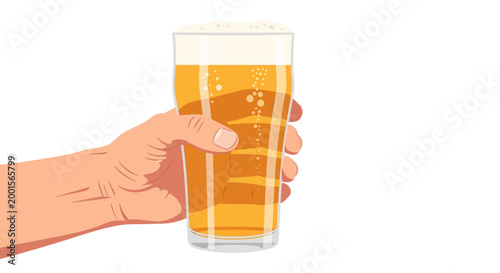 Beer glass, hand holding glass, alcoholic drink, vector illustration