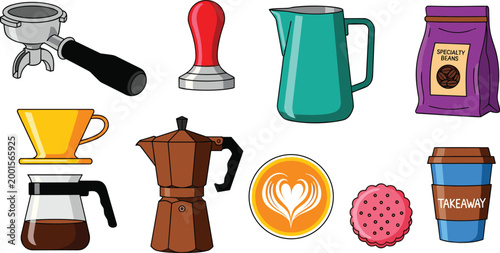Coffee Brewing and Café Icons Set with Espresso Machine, Coffee Grinder, Moka Pot, Cup, Takeaway Cup, and Biscuit for Digital Media, Apps, and Websites