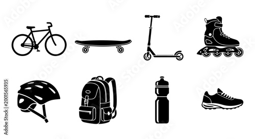 Collection of sports and outdoor activity equipment icons including bicycle, skateboard, helmet, backpack, scooter, water bottle, roller skates, and athletic shoe