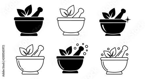 Mortar and Pestle Icons Set, Pharmaceutical and Herbal Medicine Preparation Tools
