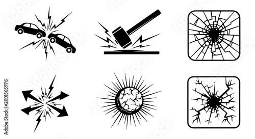 Set of Icons Representing Damage and Destruction, including car crashes, impacts, and broken glass, suitable for infographics or presentations on safety and consequences