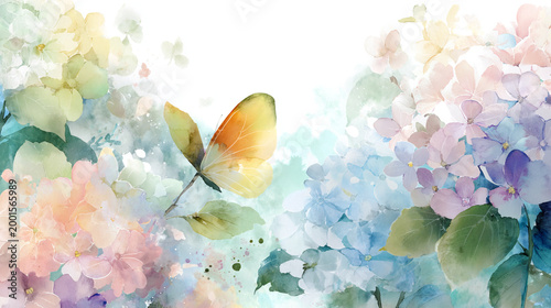 watercolor botanical butterfly and flowers texture template background. Design for wedding, vip cover, poster, rsvp moderncard.Valentine's Day	