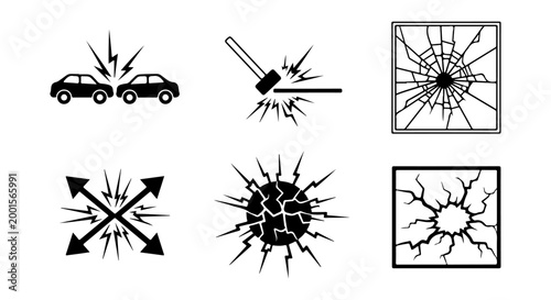 Collection of Impact and Damage Icons Car Collision, Hammer Strike, Broken Glass, Shattering, and Explosion