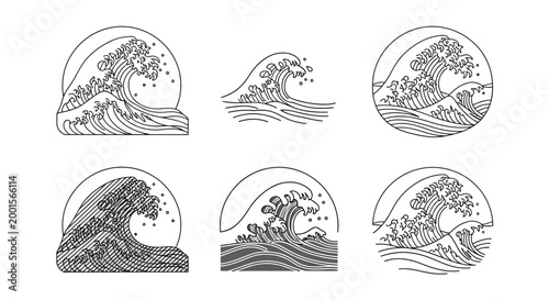Wave, ocean, sea, crest icons, black and white, vector graphics, 6 elements
