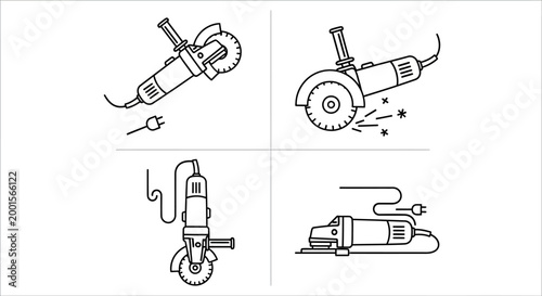 Power tool icons, drill, saw, grinder, sander, 4 piece set, black line art, vector graphics
