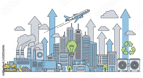 Eco friendly cityscape, sustainable urban development, green technology, industrial growth