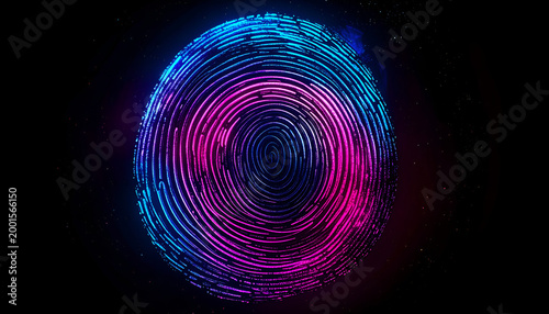 Abstract Neon Fingerprint Glowing with Vibrant Colors on Black Background.