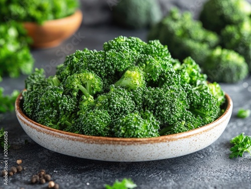 Fresh broccoli florets are piled high in a rustic, shallow ceramic bowl. Great for healthy recipes, nutrition articles, or dietary information.