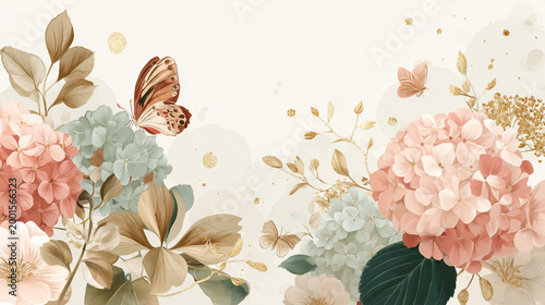 watercolor botanical butterfly and flowers texture template background. Design for wedding, vip cover, poster, rsvp moderncard.Valentine's Day	